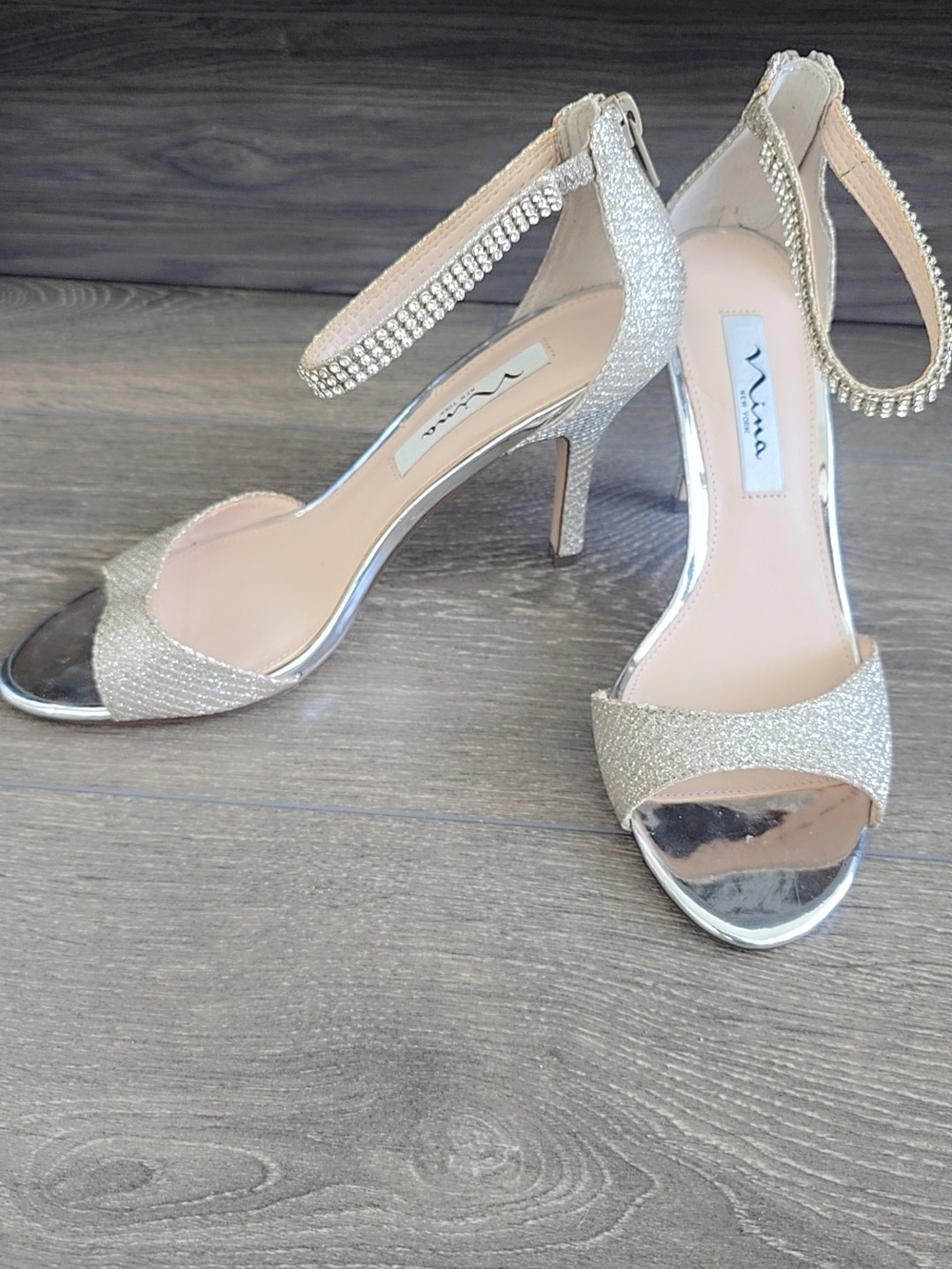 Nina Glitter Crystal Ankle-Strap Heels in Champagne